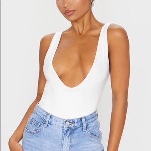 White PrettyLittleThing Plunging Low Cut Thong Slinky Bodysuit
